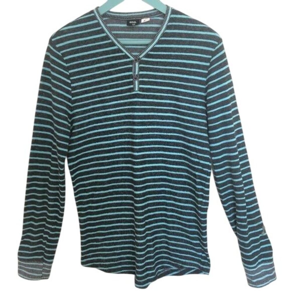 BDG Long Sleeve Striped Henley Shirt S Blue & Black Cotton/Polyester